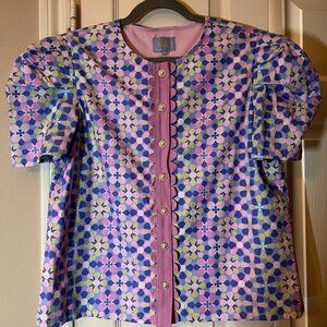 NEW Women's Floral Blouse with Bright Geometric Flower Print - Medium